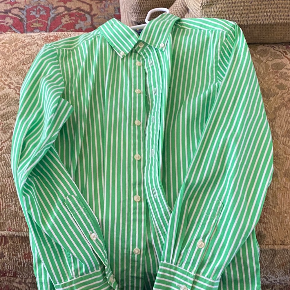Ralph Lauren Green and White Striped Button-Down Shirt